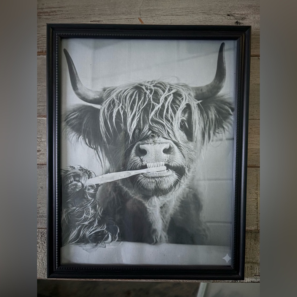 Highland Cow Brushing Teeth Print: Funny Bathroom Wall Art framed 8x10